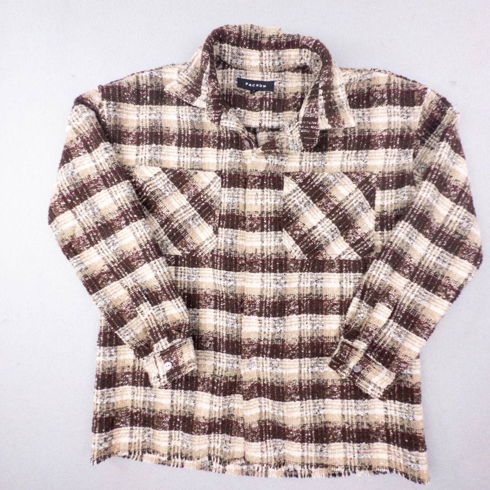 PacSun Plaid Shacket Brown Tan Unisex Small Boucle Fringe Hem Button Up Jacket